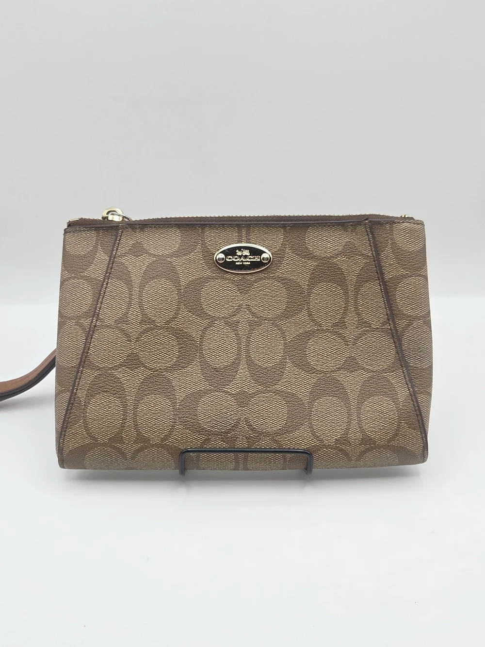 Coach Tan Signature Canvas Wristlet with Gold Accent
